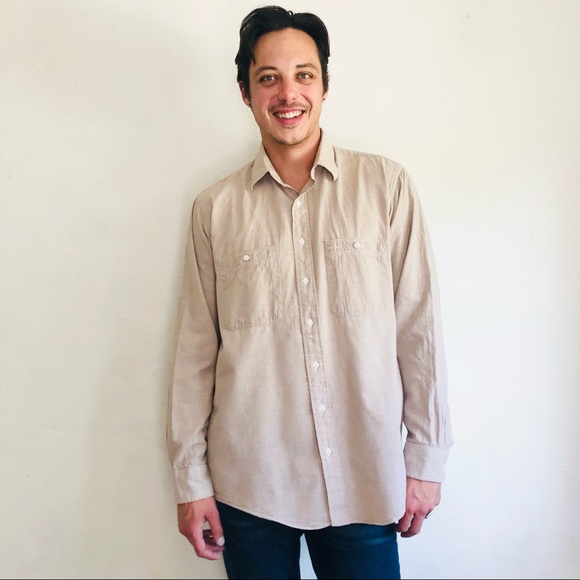🔥SOLD🔥90s VTG LL BEAN 100% Cotton Tan Beige Long Sleeve Collared Shirt Sz - Picture 6 of 8